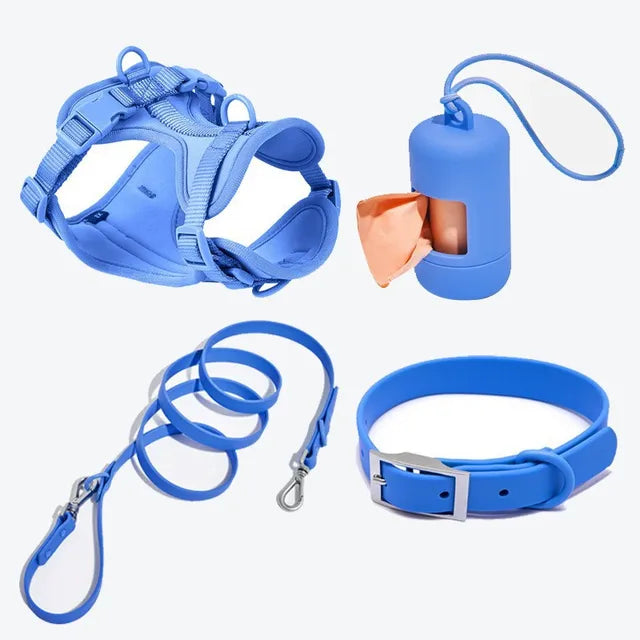Luxuriöses, farblich abgestimmtes Set mit Geschirr, Leine, Halsband und Behälter für Kotbeutel