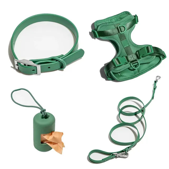 Luxuriöses, farblich abgestimmtes Set mit Geschirr, Leine, Halsband und Behälter für Kotbeutel