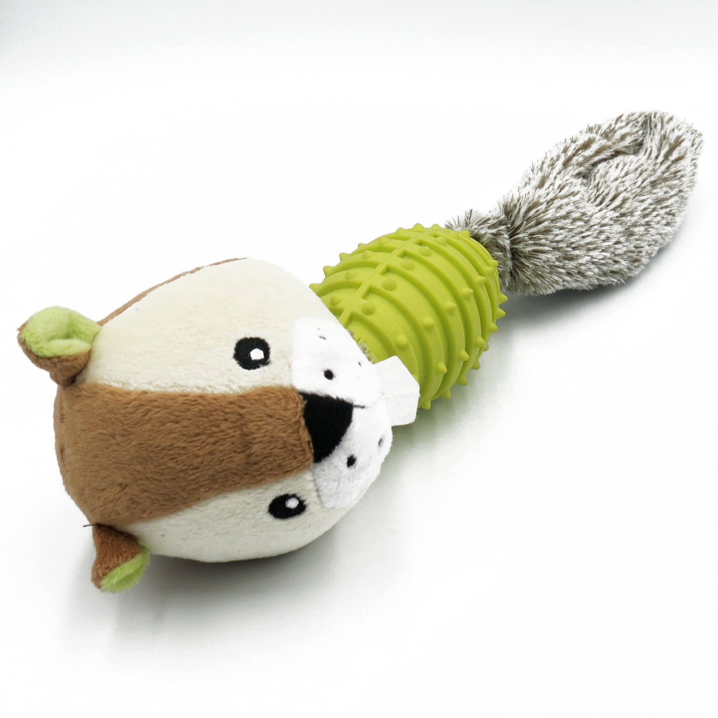Soft toy for dogs with a teeth cleaning rubber ball