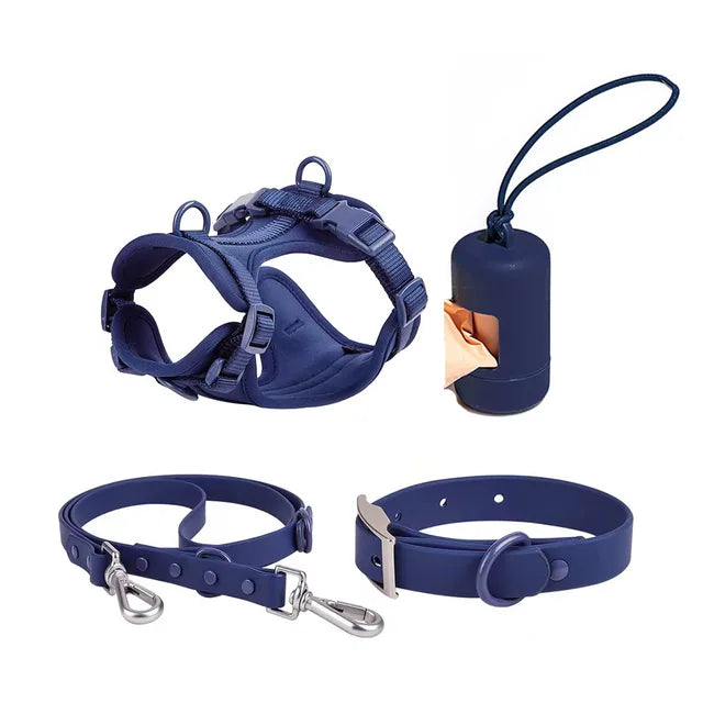 Luxuriöses, farblich abgestimmtes Set mit Geschirr, Leine, Halsband und Behälter für Kotbeutel