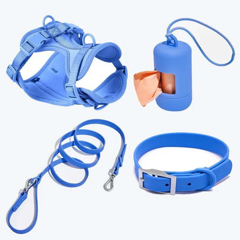 Luxuriöses, farblich abgestimmtes Set mit Geschirr, Leine, Halsband und Behälter für Kotbeutel