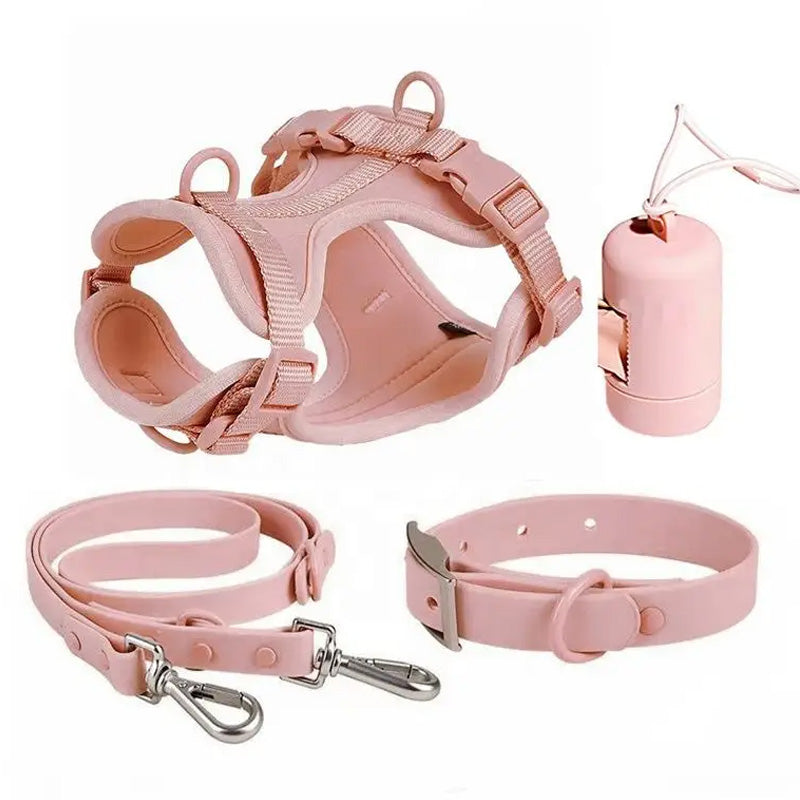 Luxuriöses, farblich abgestimmtes Set mit Geschirr, Leine, Halsband und Behälter für Kotbeutel