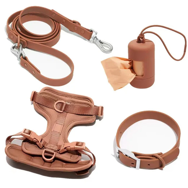 Luxuriöses, farblich abgestimmtes Set mit Geschirr, Leine, Halsband und Behälter für Kotbeutel