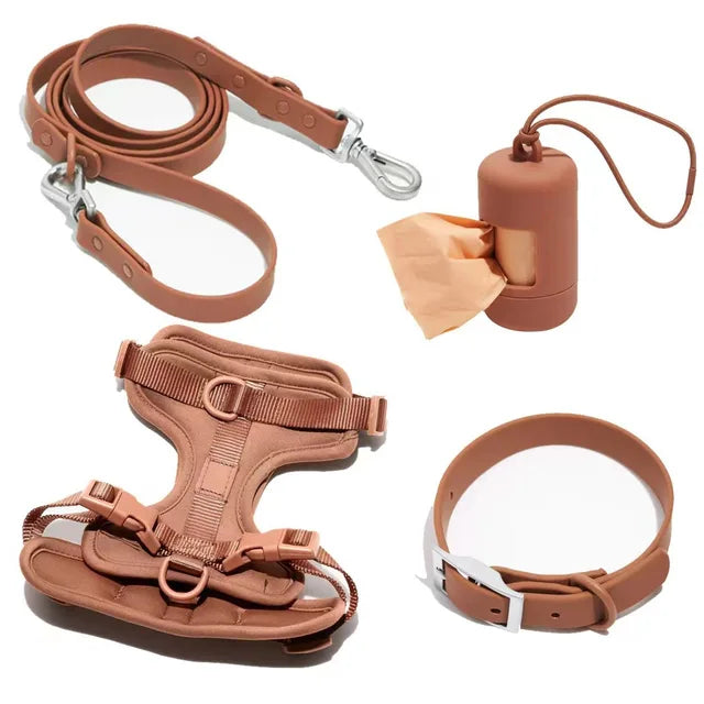 Luxuriöses, farblich abgestimmtes Set mit Geschirr, Leine, Halsband und Behälter für Kotbeutel