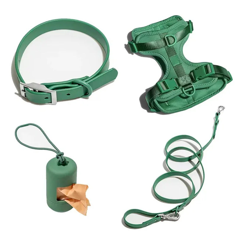 Luxuriöses, farblich abgestimmtes Set mit Geschirr, Leine, Halsband und Behälter für Kotbeutel
