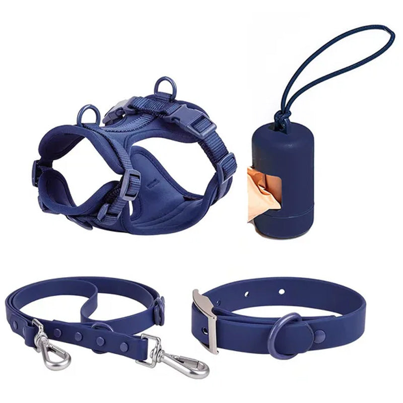 Luxuriöses, farblich abgestimmtes Set mit Geschirr, Leine, Halsband und Behälter für Kotbeutel
