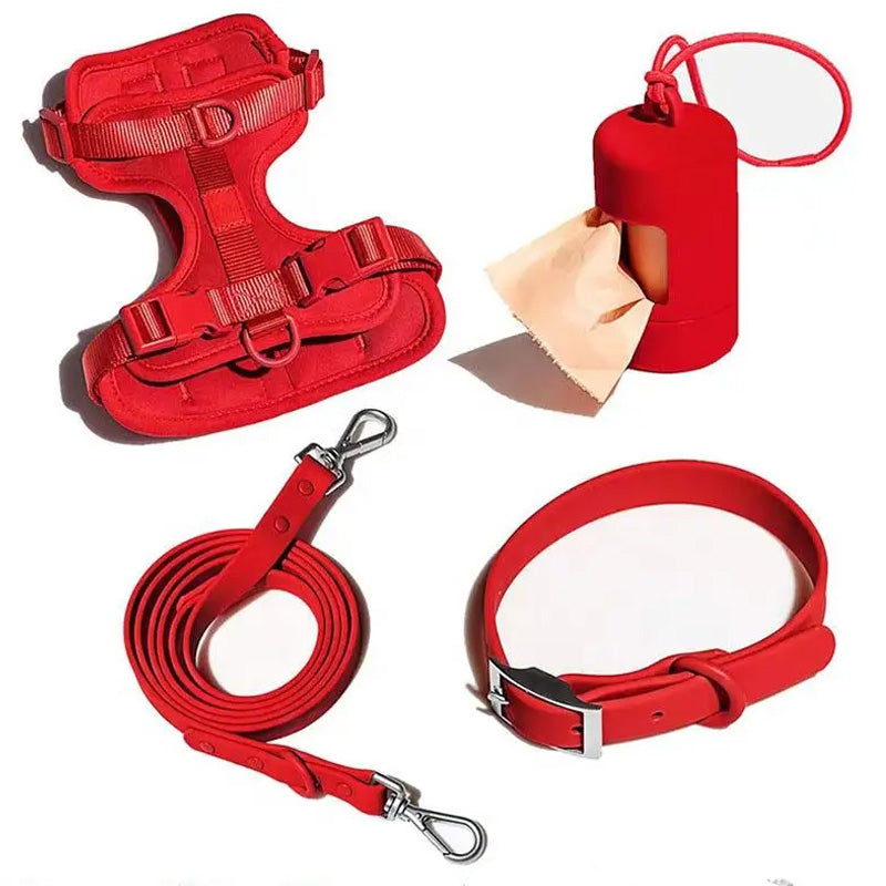 Luxuriöses, farblich abgestimmtes Set mit Geschirr, Leine, Halsband und Behälter für Kotbeutel