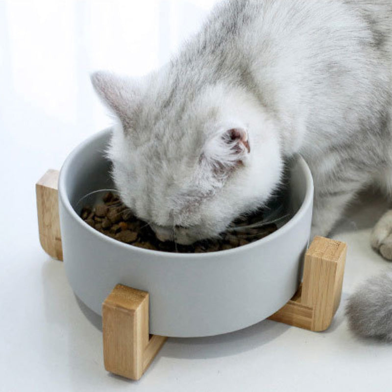 Ceramic food bowl with stable wooden base in a clean design