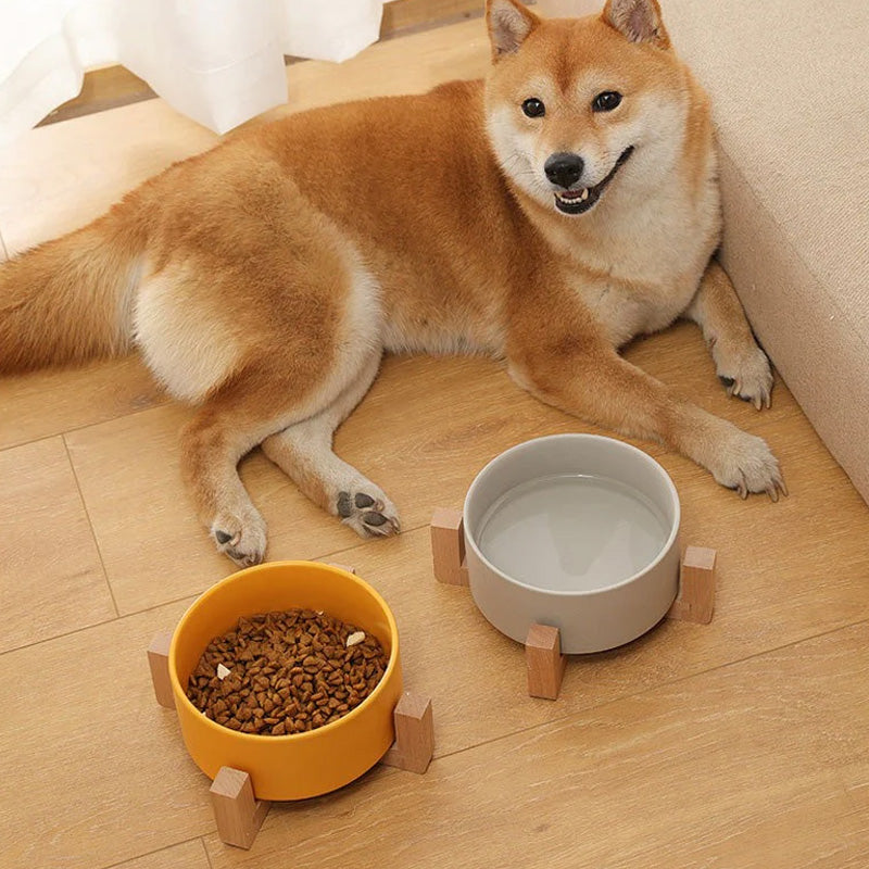 Ceramic food bowl with stable wooden base in a clean design